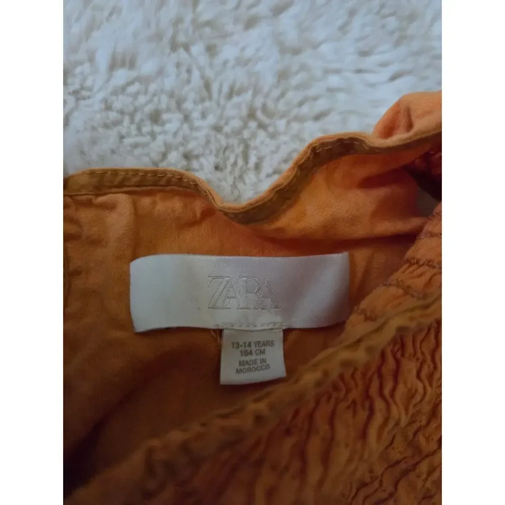 ZARA Textured Smocked Orange Cross Front Sleeveless Dress 13-14 years